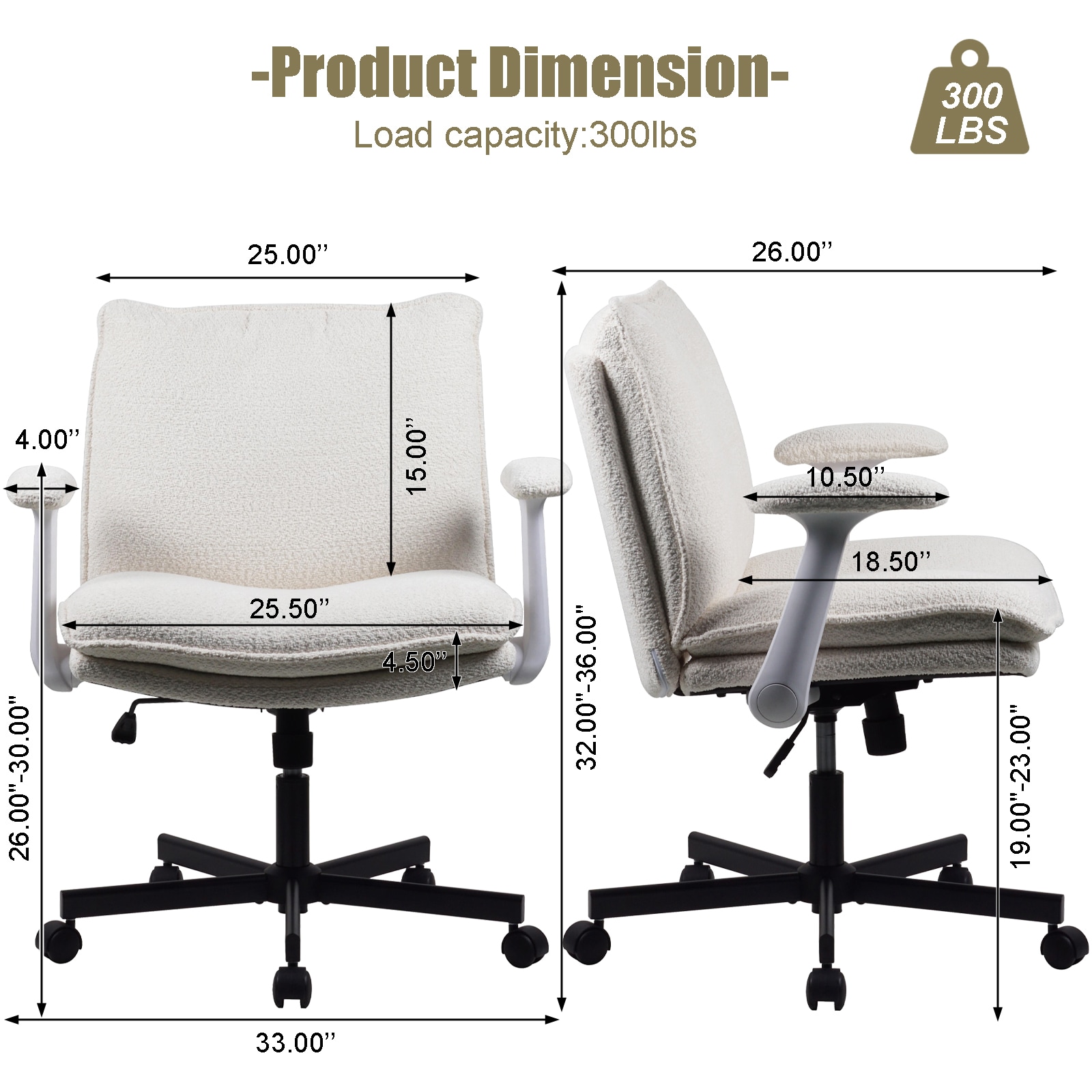 Cross-Legged Friendly Office Chair With Criss Cross Frame, Rolling Casters & Fold-Down Arms, Upholstered Wide-Seat Desk Chair For Home Office & Vanity_maomaolike.com